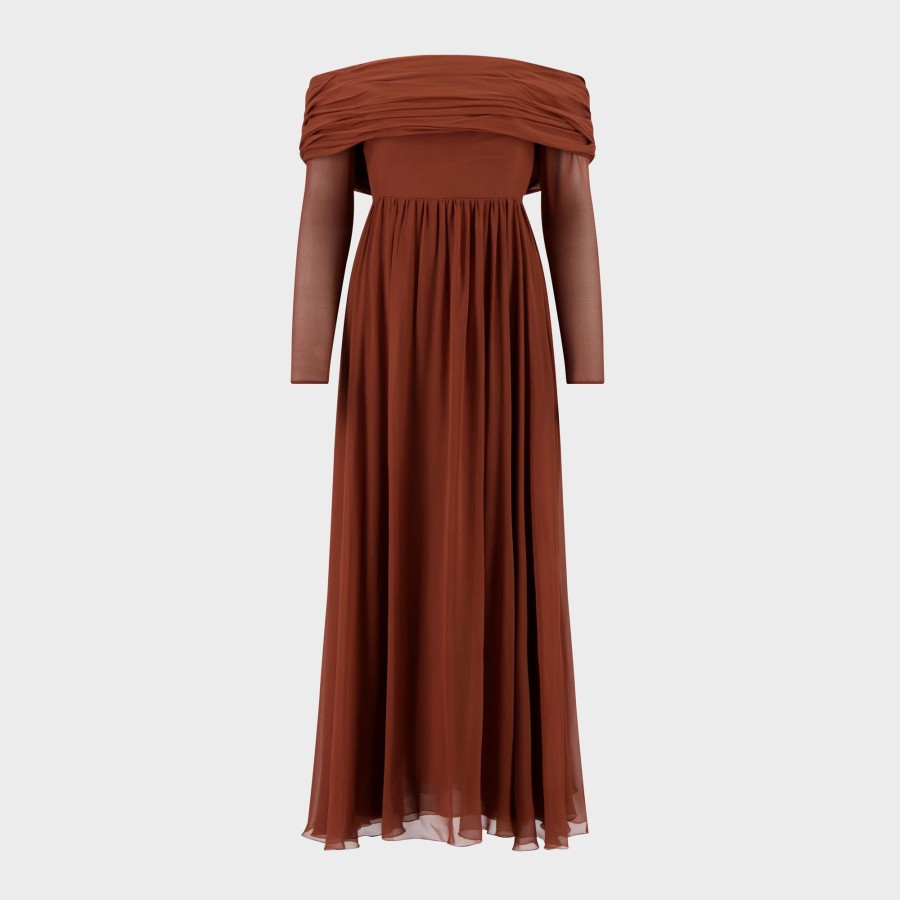 Women Giambattista Valli Dresses & Jumpsuits | Brown Off Shoulder Silk Dress