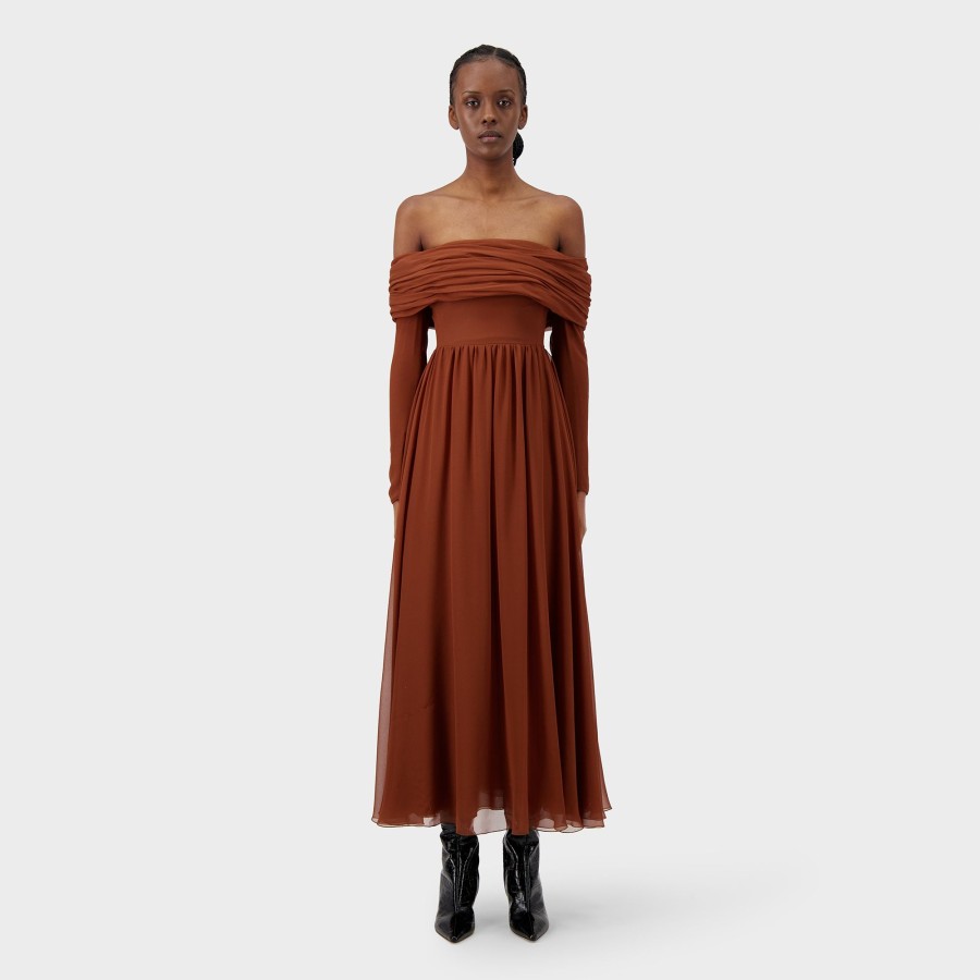 Women Giambattista Valli Dresses & Jumpsuits | Brown Off Shoulder Silk Dress