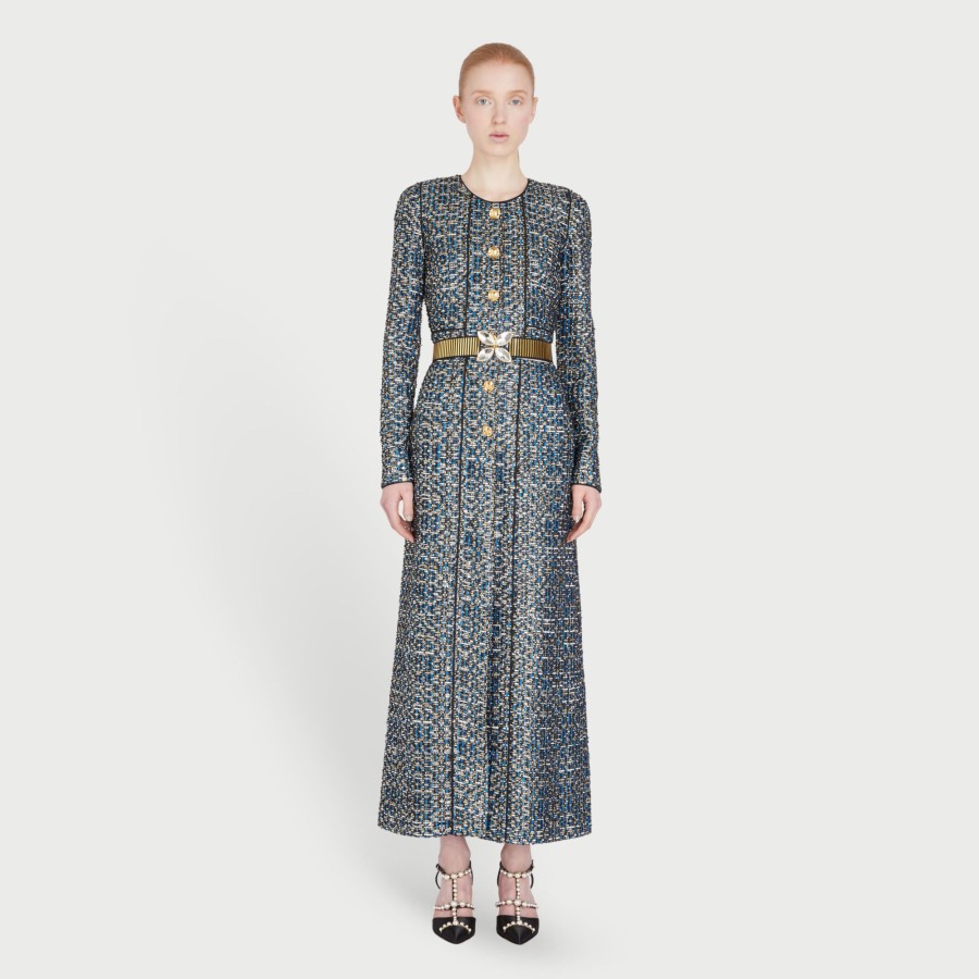 Women Giambattista Valli Coats & Jackets | Blue And Gold Tweed Lurex Coat