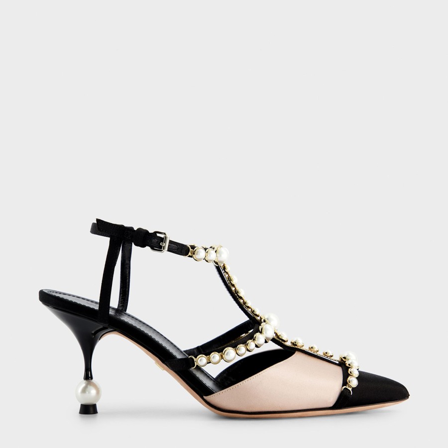 Women Giambattista Valli Shoes | Black And Beige Satin Pump With Pearls