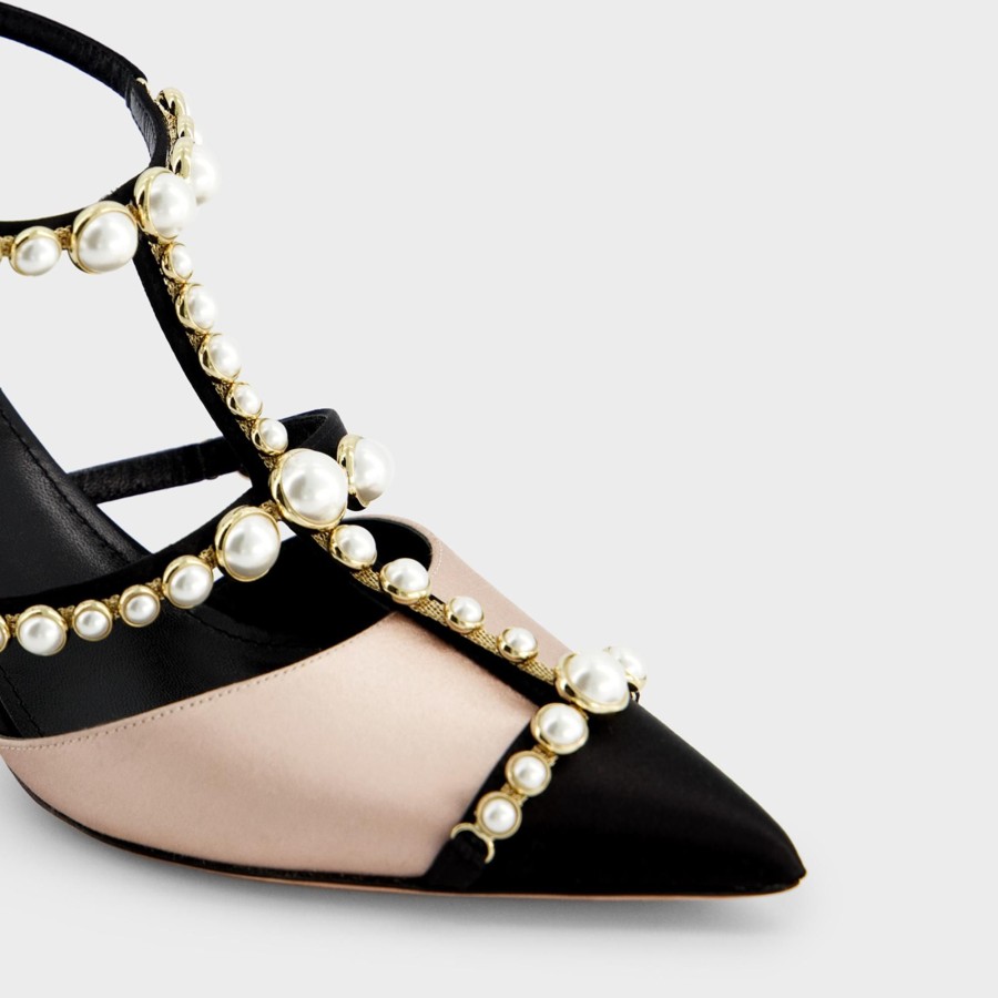 Women Giambattista Valli Shoes | Black And Beige Satin Pump With Pearls