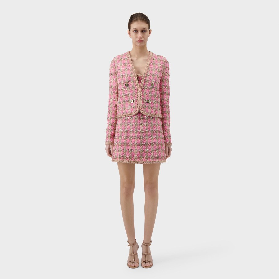 Women Giambattista Valli Coats & Jackets | Pink And Gold Short Lurex Tweed Jacket