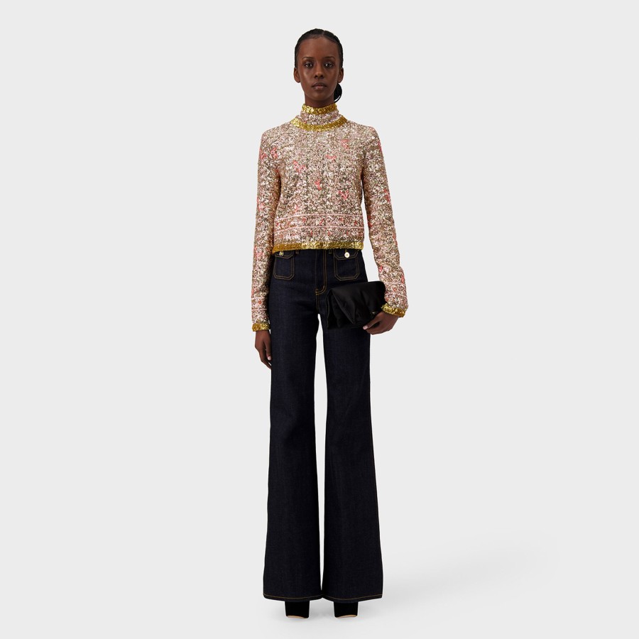 Women Giambattista Valli Tops, Blouses & Knits | Gold Popping Paisley Embroidered Sequins Top