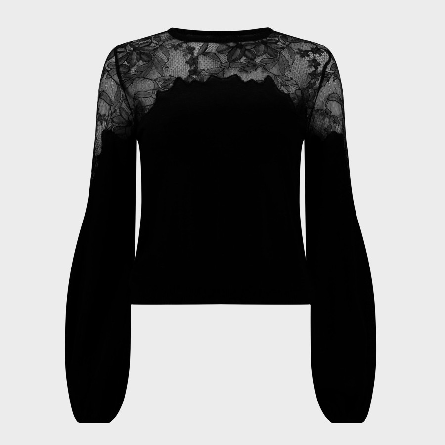 Women Giambattista Valli Tops, Blouses & Knits | Black Knit Top With Lace Detail